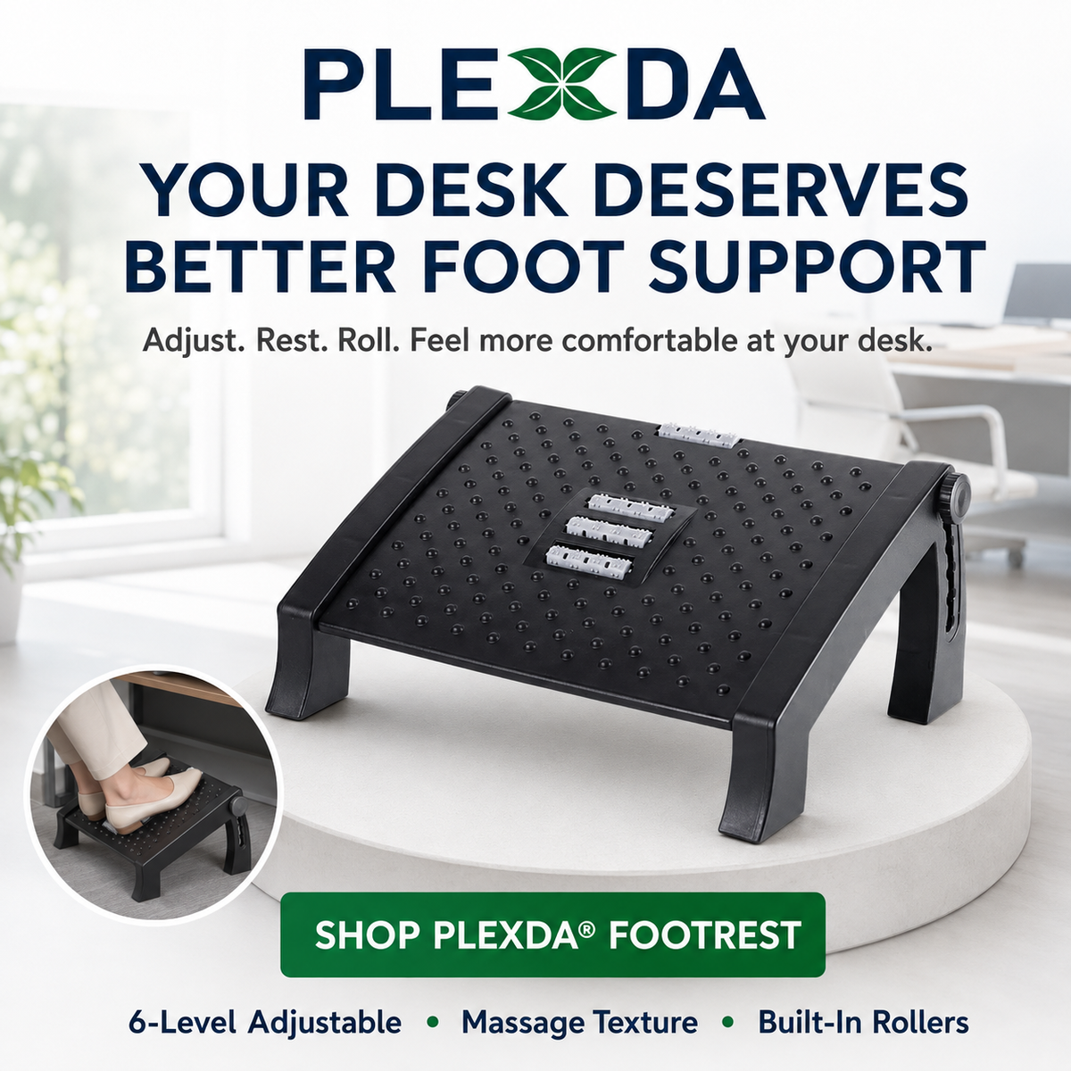 Plexda® Adjustable Foot Rest for Office Chair with Massage Texture and Roller