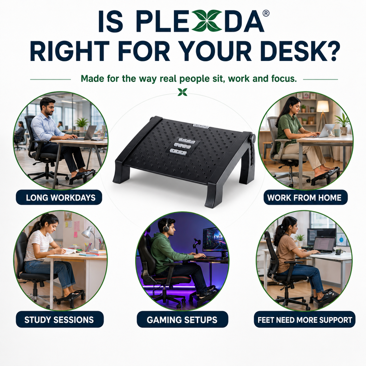 Plexda® Adjustable Foot Rest for Office Chair with Massage Texture and Roller