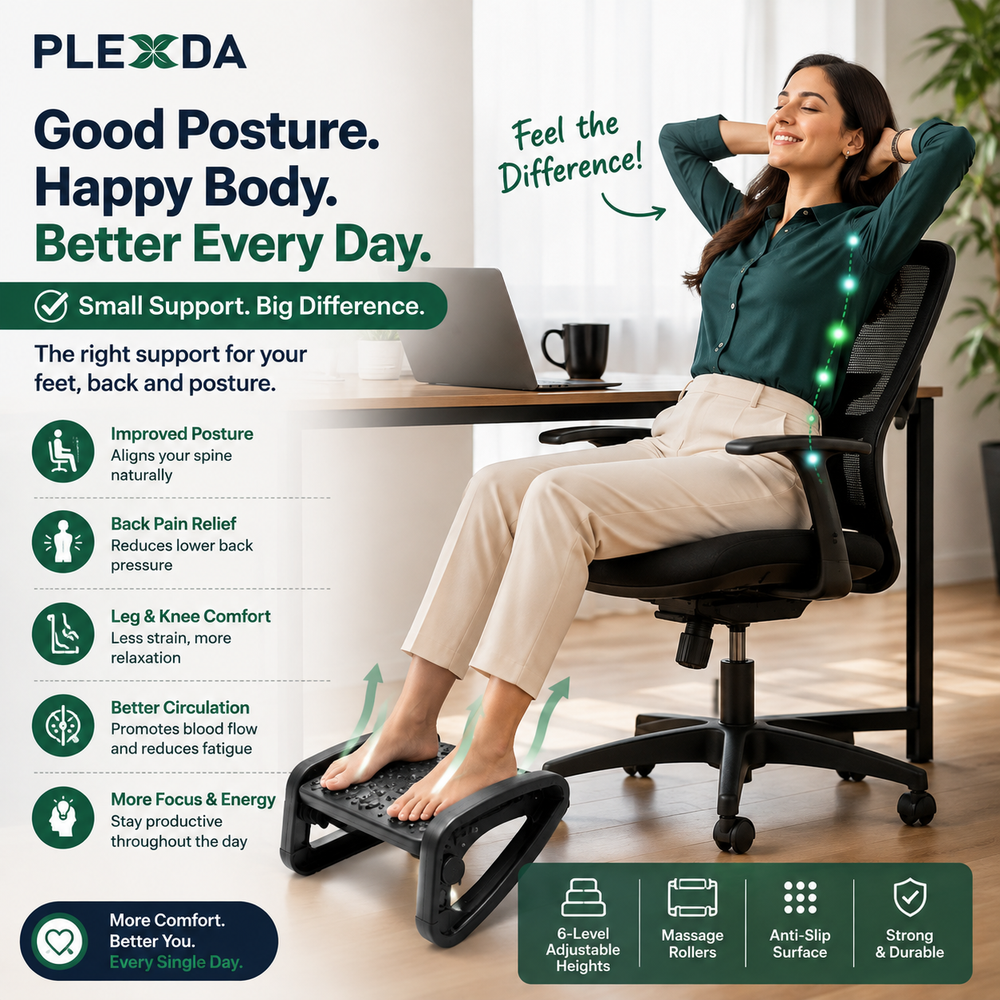 A woman sits in a black mesh office chair with her feet elevated on a black footrest, in a bright home office setting. The image includes marketing text and icons promoting posture support and back pain relief, with the brand name PLEXXDA visible at the top left.