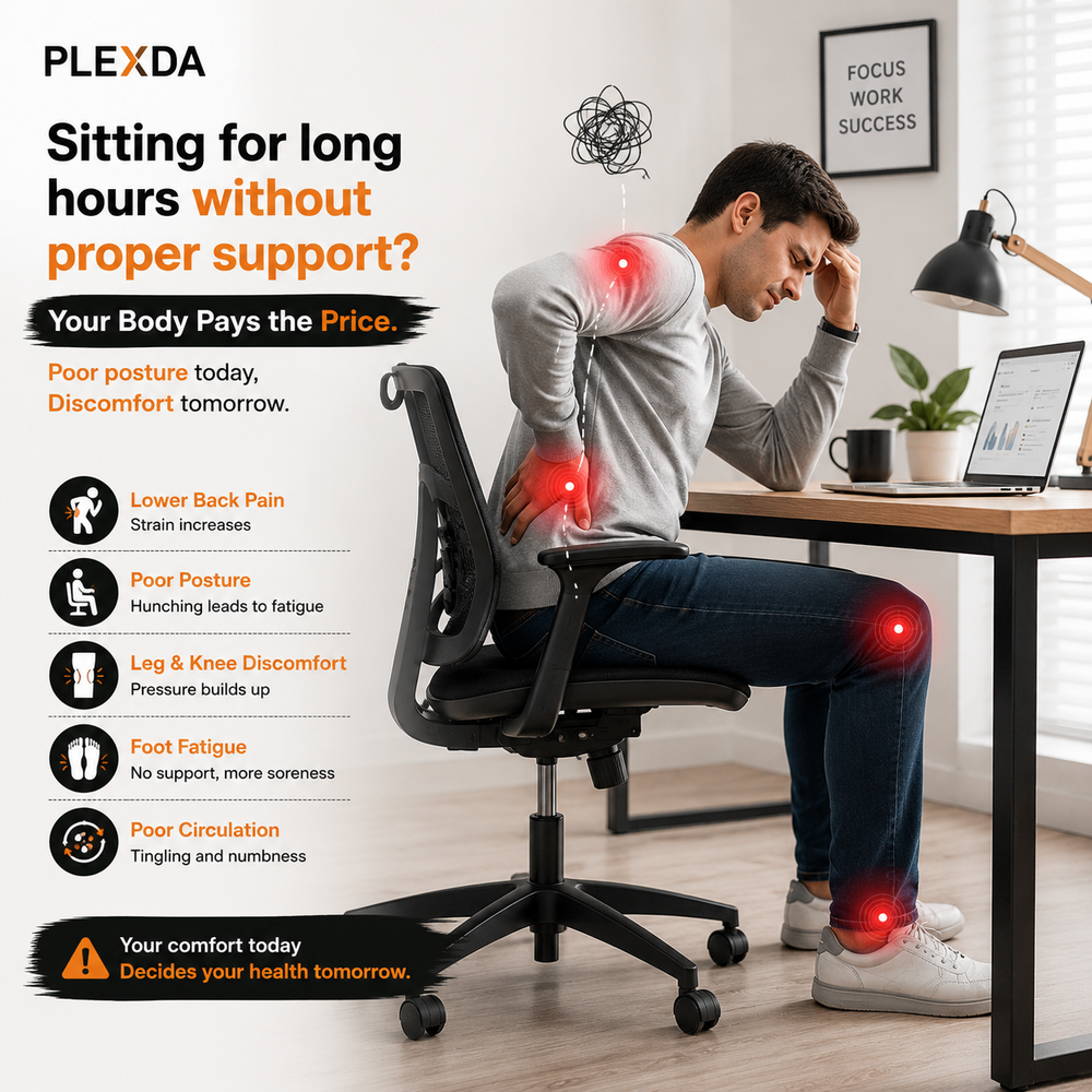A man sits in a black office chair at a desk, leaning forward in discomfort, with red glow highlights over his back, neck, waist, knees, and feet. The image includes marketing text from PLEXDA about sitting for long hours without proper support, plus icons listing back pain, poor posture, leg and knee discomfort, foot fatigue, and poor circulation.